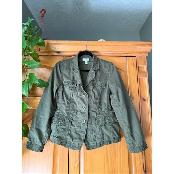 Talbots Petites 10P Olive Green Cotton Utility Jacket Safari Style Casual Blazer - Picture 2 of 11